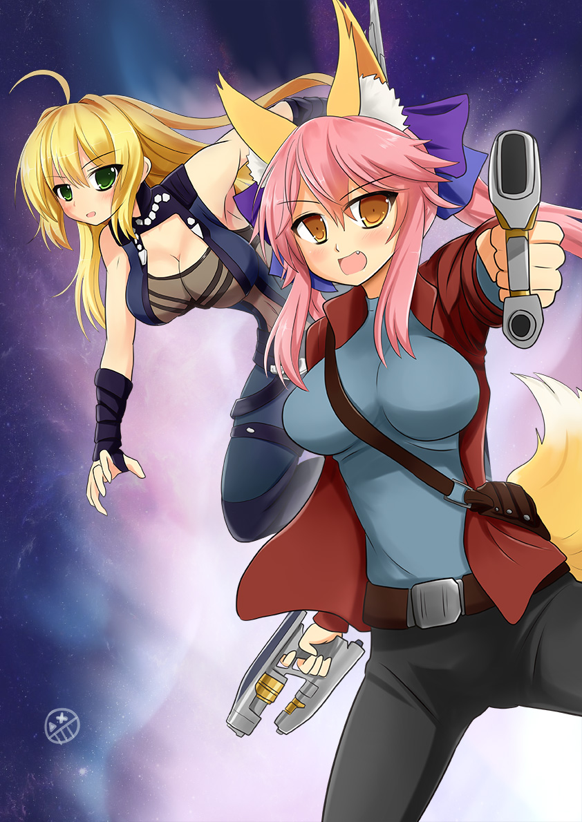 2girls, ahoge, animal_ears, blush, breasts, cleavage, cosplay, fang, fate/grand_order, fate_(series), fox_ears, fox_tail, green_eyes, guardians_of_the_galaxy, gun, jacket, large_breasts, long_hair, looking_at_viewer, marvel, multiple_girls, nero_claudius_(fate), nero_claudius_(fate)_(all), open_mouth, peter_quill, peter_quill_(cosplay), pink_hair, red_jacket, setia_pradipta, tail, tamamo_(fate)_(all), tamamo_no_mae_(fate), taneleer_tivan, taneleer_tivan_(cosplay), weapon, yellow_eyes