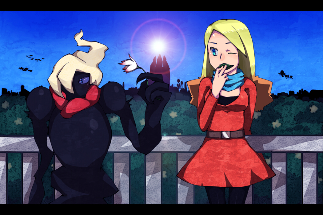 1girl, alice_(pokemon), balcony, blonde_hair, blue_eyes, blue_sky, breasts, cleavage