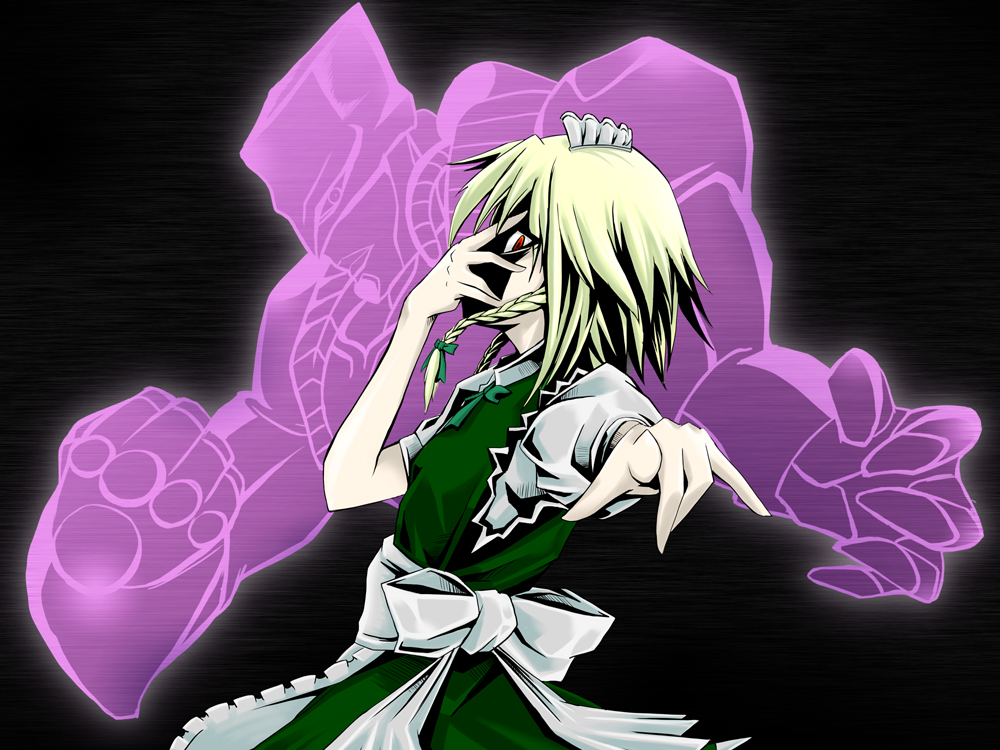 \m/, dio_brando, facepalm, hand_over_face, izayoi_sakuya, jojo's_bizarre_adventure, jojo_no_kimyou_na_bouken, maid, painfultree, parody, pose, red_eyes, stand_(jojo), the_world, touhou