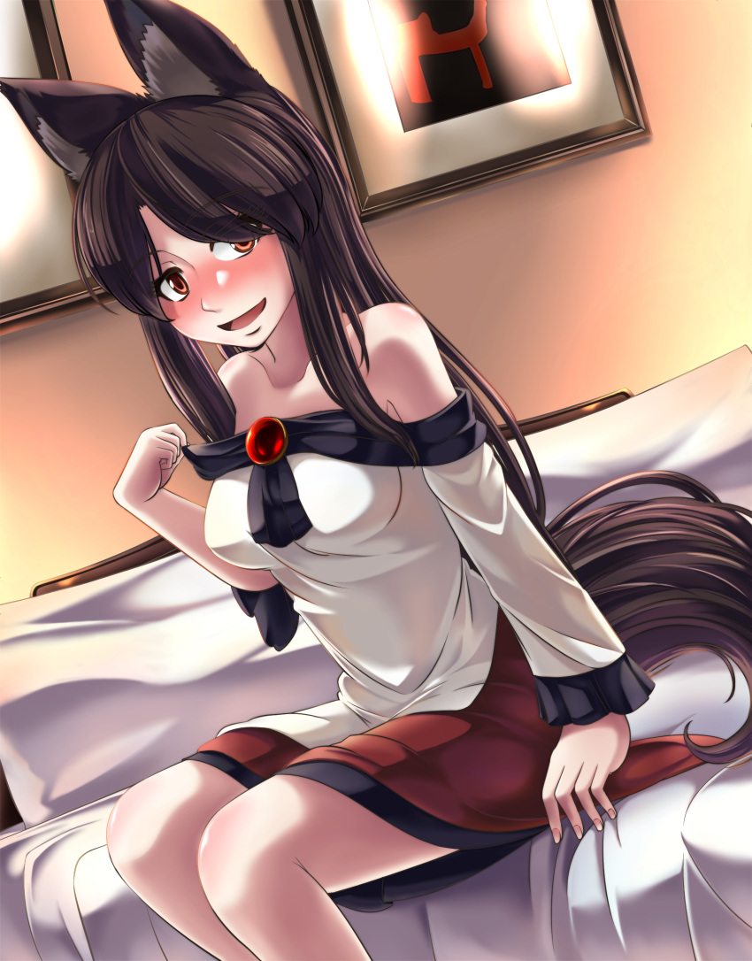 1girl, animal_ears, bed, blush, breasts, brooch, brown_hair, collarbone