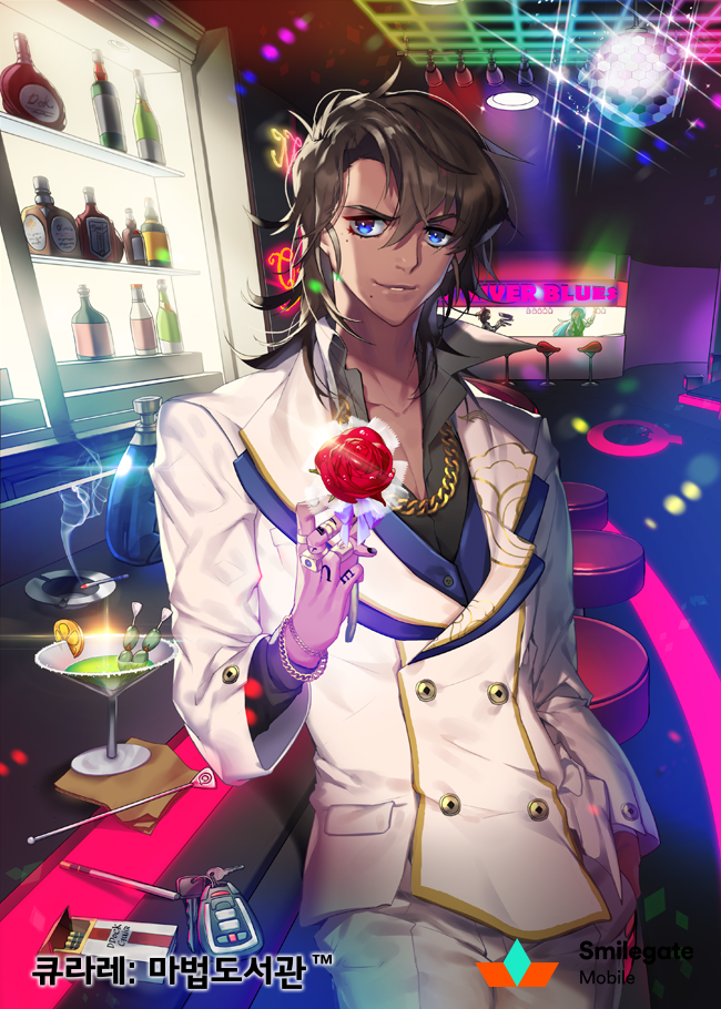 1boy, alcohol, ashtray, bar, blue_eyes, bracelet, brown_hair, cigarette