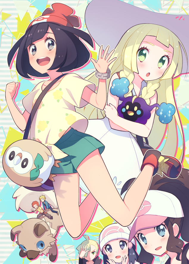 3boys, 4girls, :d, afro, bag, bangs, baseball_cap, beanie