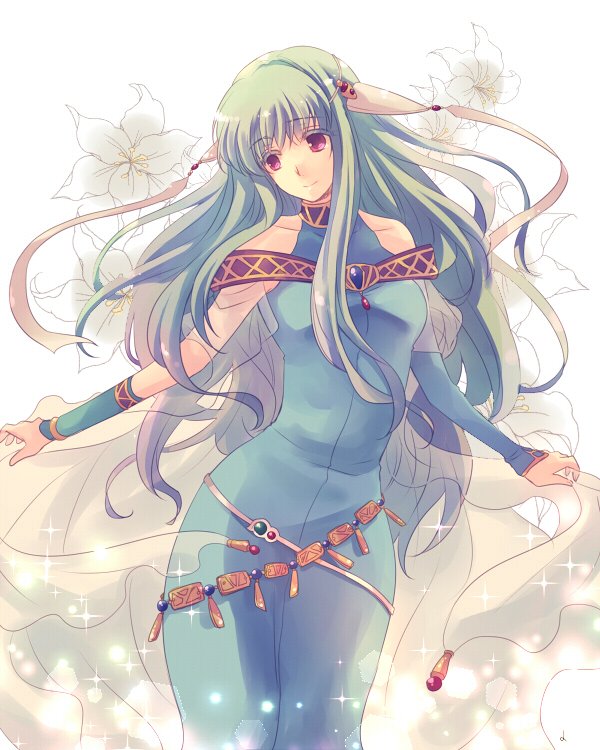 1girl, bare_shoulders, blue_hair, bracelet, dress, fire_emblem, fire_emblem:_rekka_no_ken, floral_background, flower, green_hair, hair_ornament, hair_ribbon, jewelry, long_hair, looking_at_viewer, ninian, red_eyes, ribbon, sjkjk55, smile