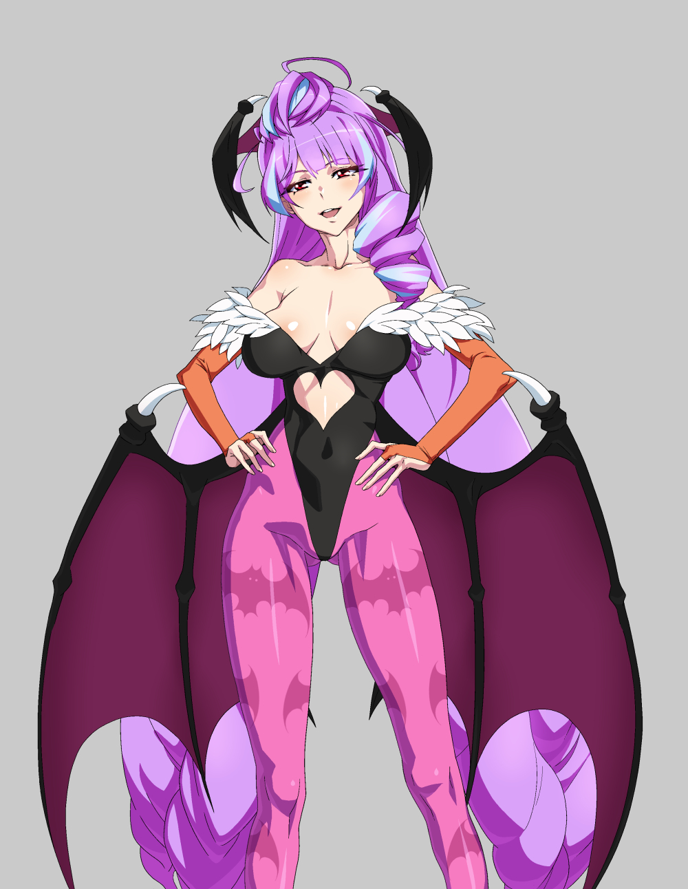 1girl, :d, animal_print, bare_shoulders, bat_print, breasts, cleavage, cosplay