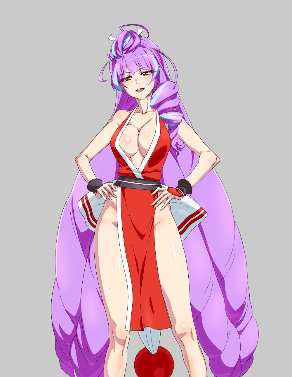 1girl, :d, breasts, cleavage, cosplay, don_(rg06268), fatal_fury, grey_background