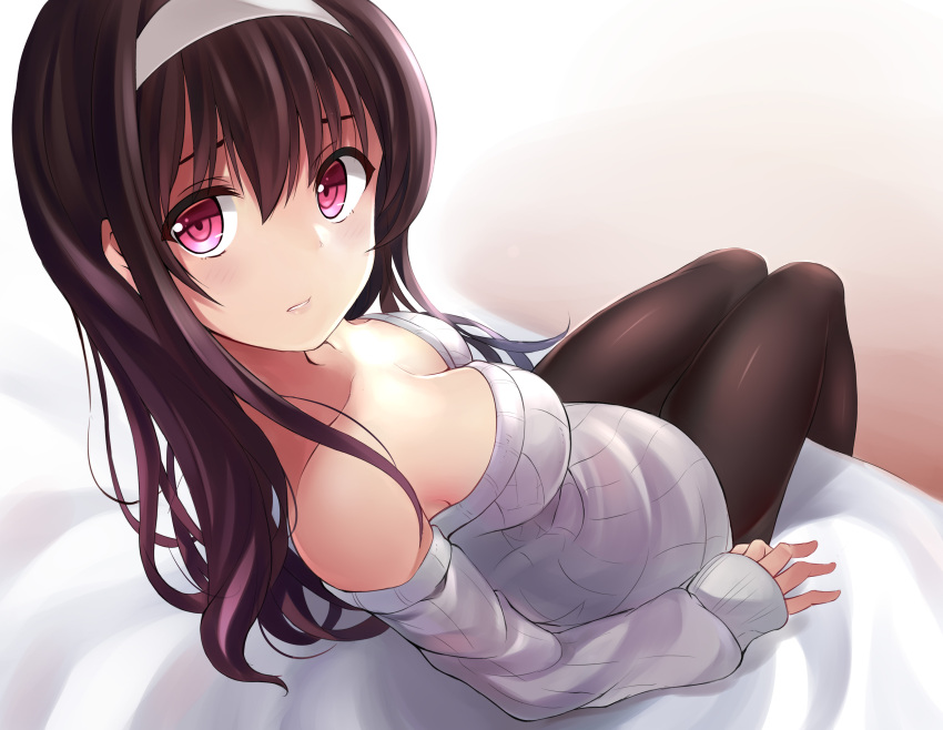 1girl, absurdres, bangs, bare_shoulders, bed_sheet, black_hair, black_legwear, blush