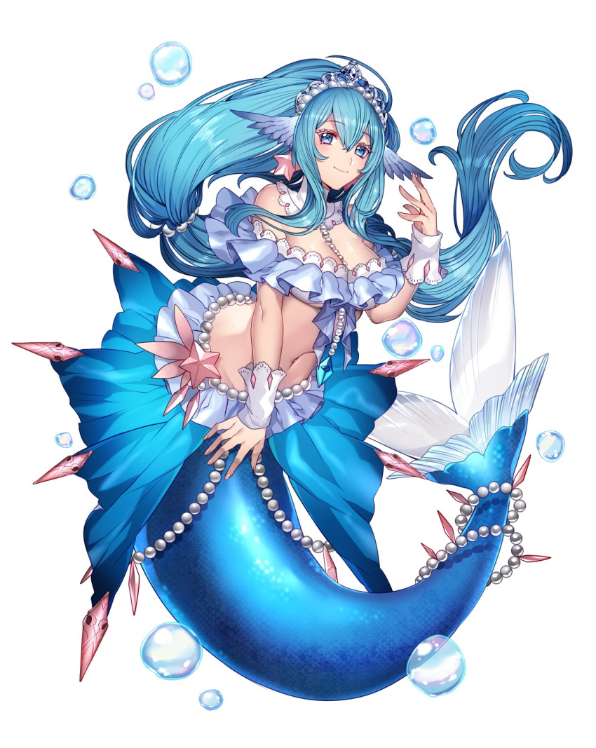 1girl, bare_shoulders, blue_eyes, blue_hair, breasts, full_body, head_fins, highres
