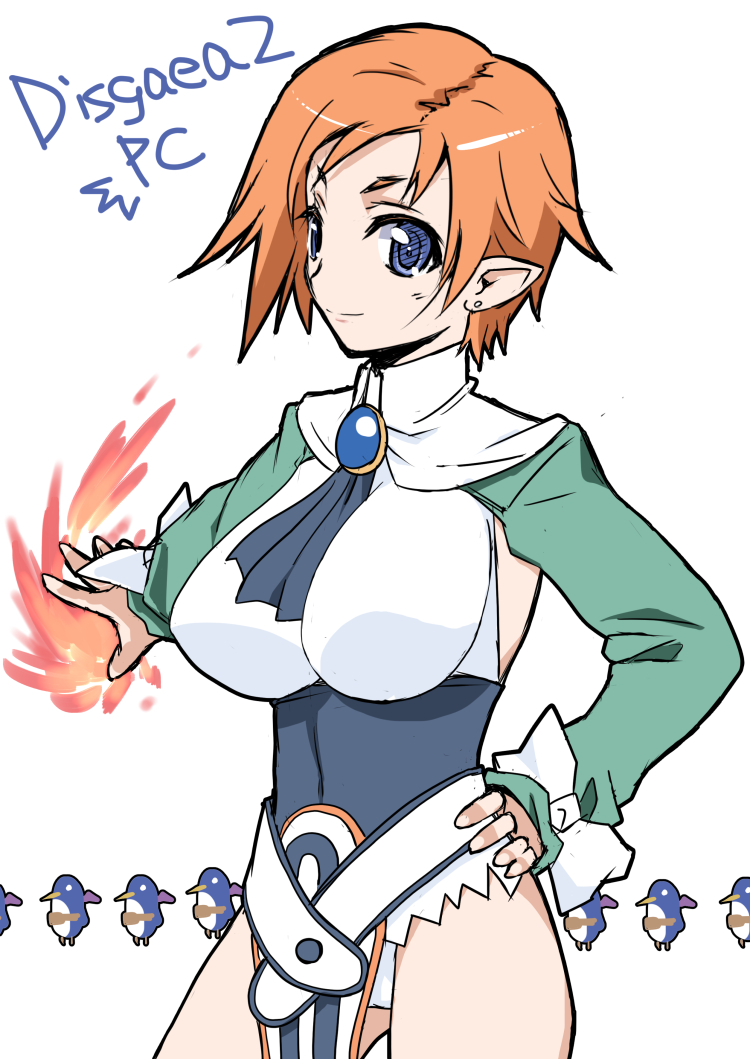 1girl, blue_eyes, breasts, brown_hair, disgaea, fire, flame, hand_on_hip