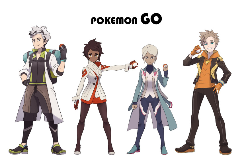 2boys, 2girls, androgynous, backpack, bag, black_gloves, black_jacket, blanche_(pokemon), blonde_hair, blue_eyes, blue_jacket, bodysuit, brown_eyes, brown_hair, candela_(pokemon), clenched_hand, coat, copyright_name, dark_skin, expressionless, fingerless_gloves, full_body, glasses_on_head, gloves, grey_eyes, grey_hair, grin, hand_on_hip, height_difference, high_heels, highres, holding, holding_poke_ball, hood, hoodie, jacket, jewelry, labcoat, leggings, lineup, lipstick, long_hair, long_sleeves, looking_at_viewer, makeup, multicolored_hair, multiple_boys, multiple_girls, official_style, open_clothes, open_jacket, orange_gloves, outstretched_arm, pantyhose, parody, pendant, poke_ball, pokemon, pokemon_go, ponytail, pose, red_gloves, redlhzz, shoes, short_hair, sidelocks, silver_hair, simple_background, smile, sneakers, spark_(pokemon), style_parody, two-tone_hair, watch, white_background, wide_stance, willow_(pokemon), wristband, yellow_eyes, yellow_gloves