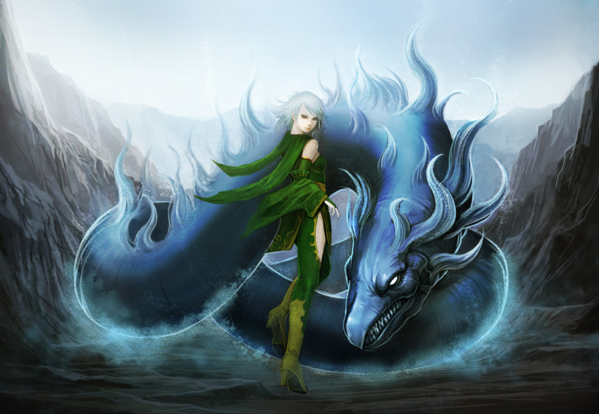 aqua_hair, bridal_gauntlets, detached_sleeves, dragon, final_fantasy, final_fantasy_iv, grey_eyes, highres, leviathan_(final_fantasy), rydia, short_hair, shotshell