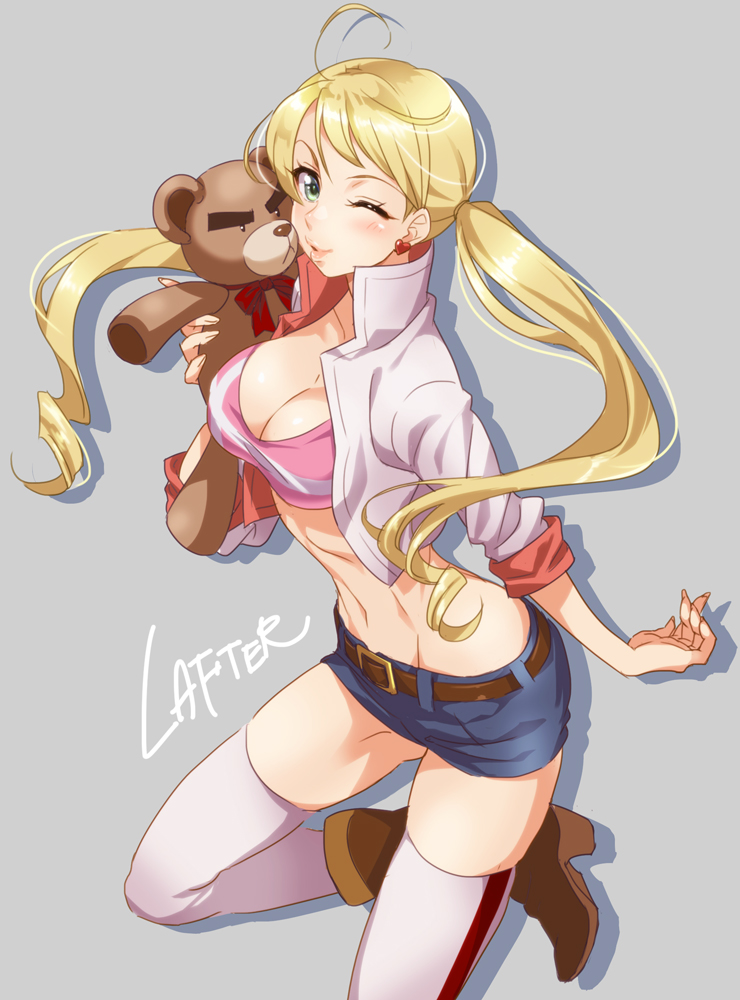 1girl, acha, ahoge, belt, blonde_hair, boots, breasts, brown_boots