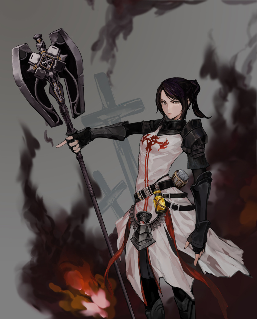 armor, belt, black_hair, brown_eyes, cross, dungeon_and_fighter, female_priest_(dungeon_and_fighter), fingerless_gloves, fire, flask, gauntlets, gloves, highres, inquisitor_(dungeon_and_fighter), looking_at_viewer, polearm, ponytail, serious, smoke, tabard, tamidro, weapon