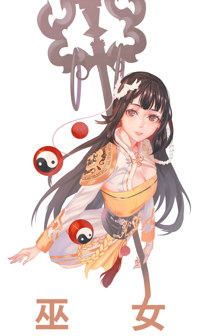 black_hair, breasts, brown_eyes, chinese_clothes, dungeon_and_fighter, earrings, female_priest_(dungeon_and_fighter), hair_ornament