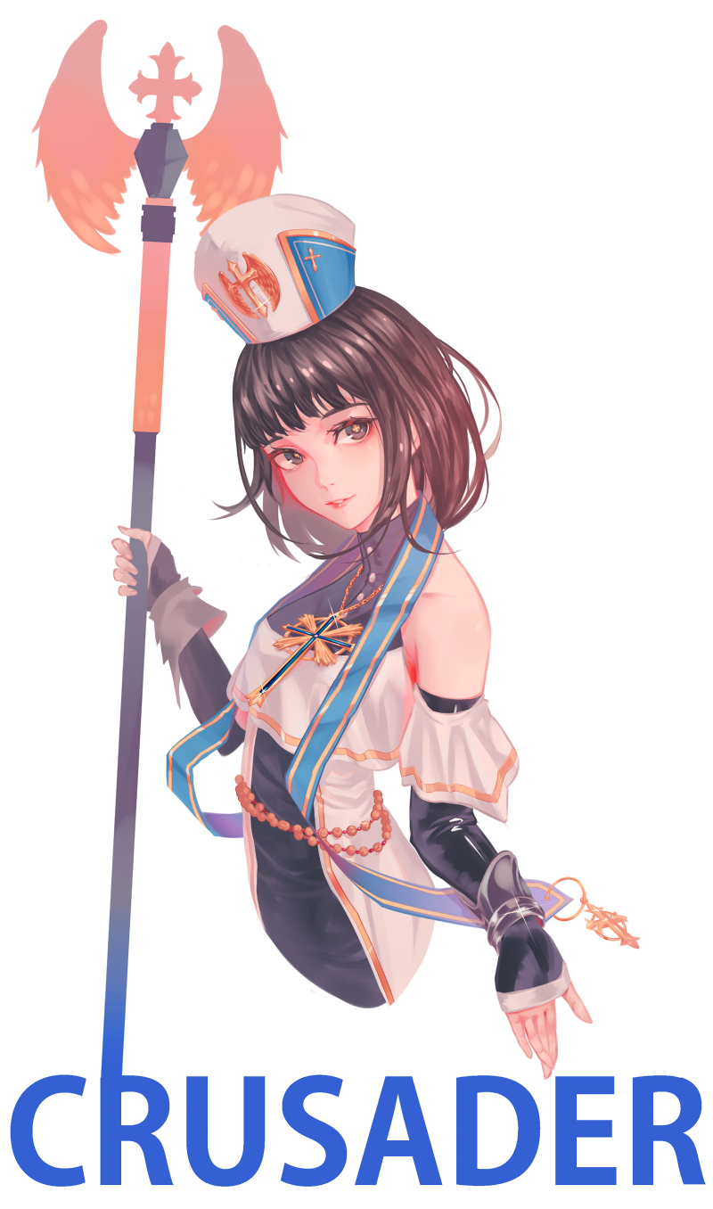 bare_shoulders, black_hair, brown_eyes, cross, crusader_(dungeon_and_fighter), detached_sleeves, dress, dungeon_and_fighter, female_priest_(dungeon_and_fighter), gauntlets, hat, highres, jewelry, long_hair, looking_at_viewer, ltr0312, smile