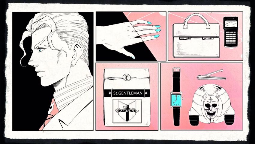 1boy, aqua_eyes, aqua_nails, bag, cellphone, formal, handbag, highres