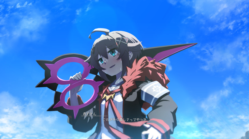 1girl, akazukin_(mary_skelter), blush, brown_hair, clouds, coat, fake_screenshot, fur_trim, green_eyes, hair_ornament, mary_skelter, mizunashi_(second_run), open_mouth, scissors, short_hair, sky, smile, solo, sweat, translation_request
