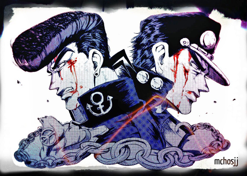 2boys, anchor_symbol, artist_name, blood, blood_on_face, chains, clenched_teeth, earrings
