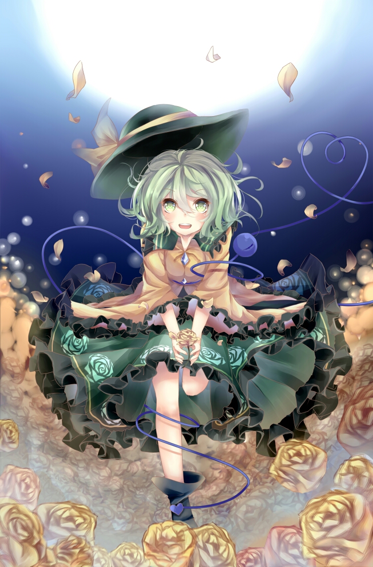 1girl, :d, backlighting, bangs, black_hat, black_shoes, blush, eyeball, field, floral_print, flower, flower_field, frilled_shirt_collar, frilled_skirt, frilled_sleeves, frills, full_body, green_eyes, green_hair, green_skirt, hair_between_eyes, hat, hat_ribbon, heart, heart_of_string, komeiji_koishi, long_sleeves, looking_at_viewer, open_mouth, petals, ribbon, rose, shoes, skirt, smile, solo, third_eye, touhou, wide_sleeves, yellow_ribbon, yellow_rose, yilocity