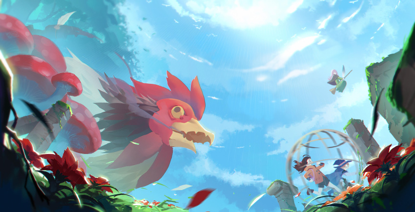 3girls, absurdres, akko_kagari, animal, backpack, bag, ball, beak