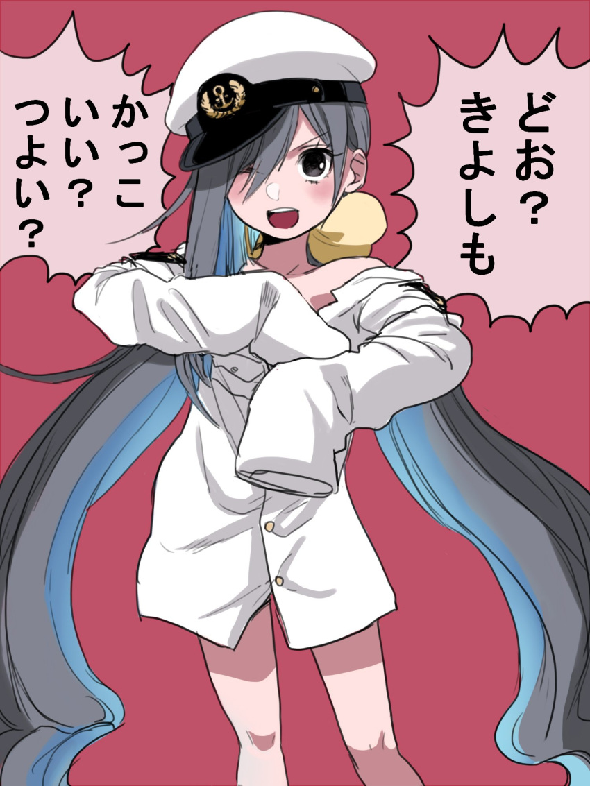 1girl, ;d, admiral_(kantai_collection), admiral_(kantai_collection)_(cosplay), anchor_symbol, black_eyes, bow, buttons
