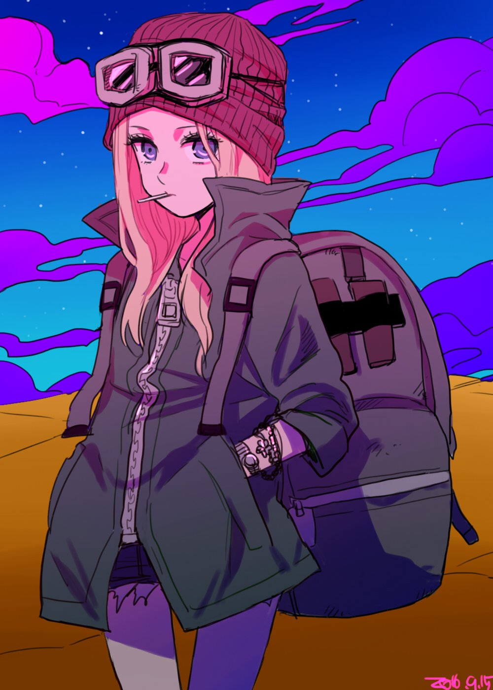 1girl, backpack, bag, beanie, blonde_hair, bracelet, desert, goggles