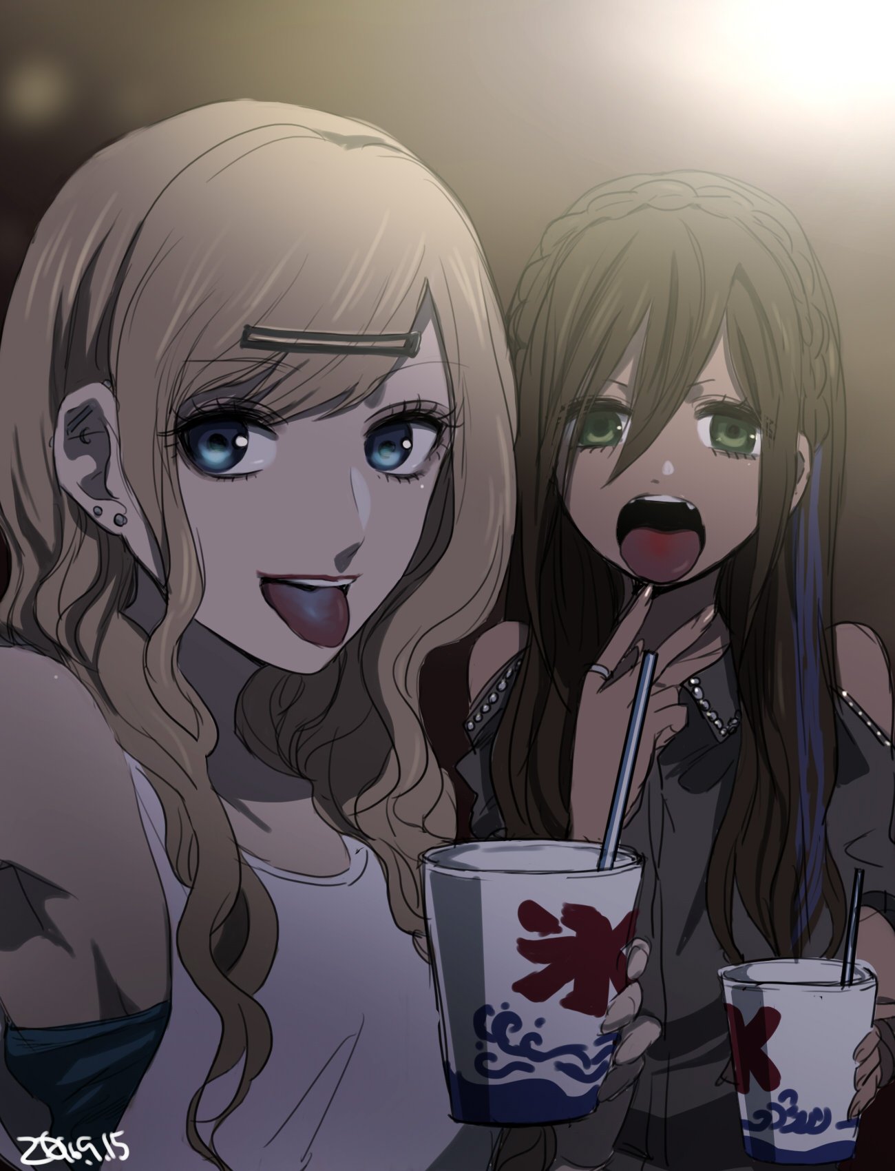 2girls, bare_shoulders, blonde_hair, blue_eyes, brown_hair, dark_skin, green_eyes, gyaru