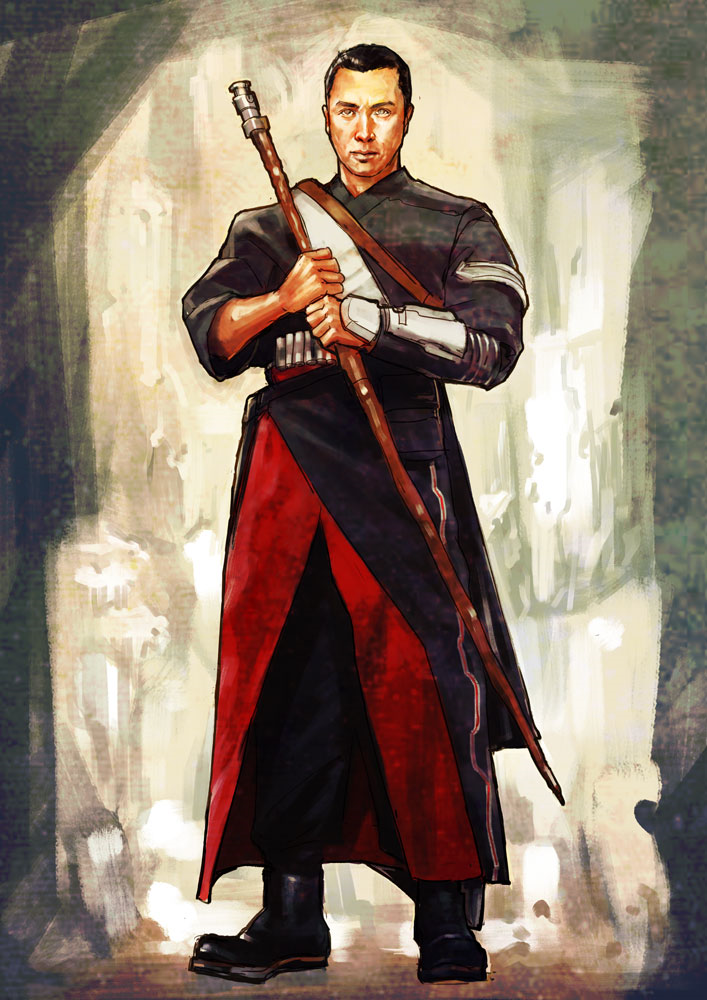 1boy, arm_guards, asian, black_hair, blind, boots, chirrut, kanno_ponta, male_focus, realistic, rogue_one:_a_star_wars_story, science_fiction, short_hair, staff, star_wars, uniform, white_eyes