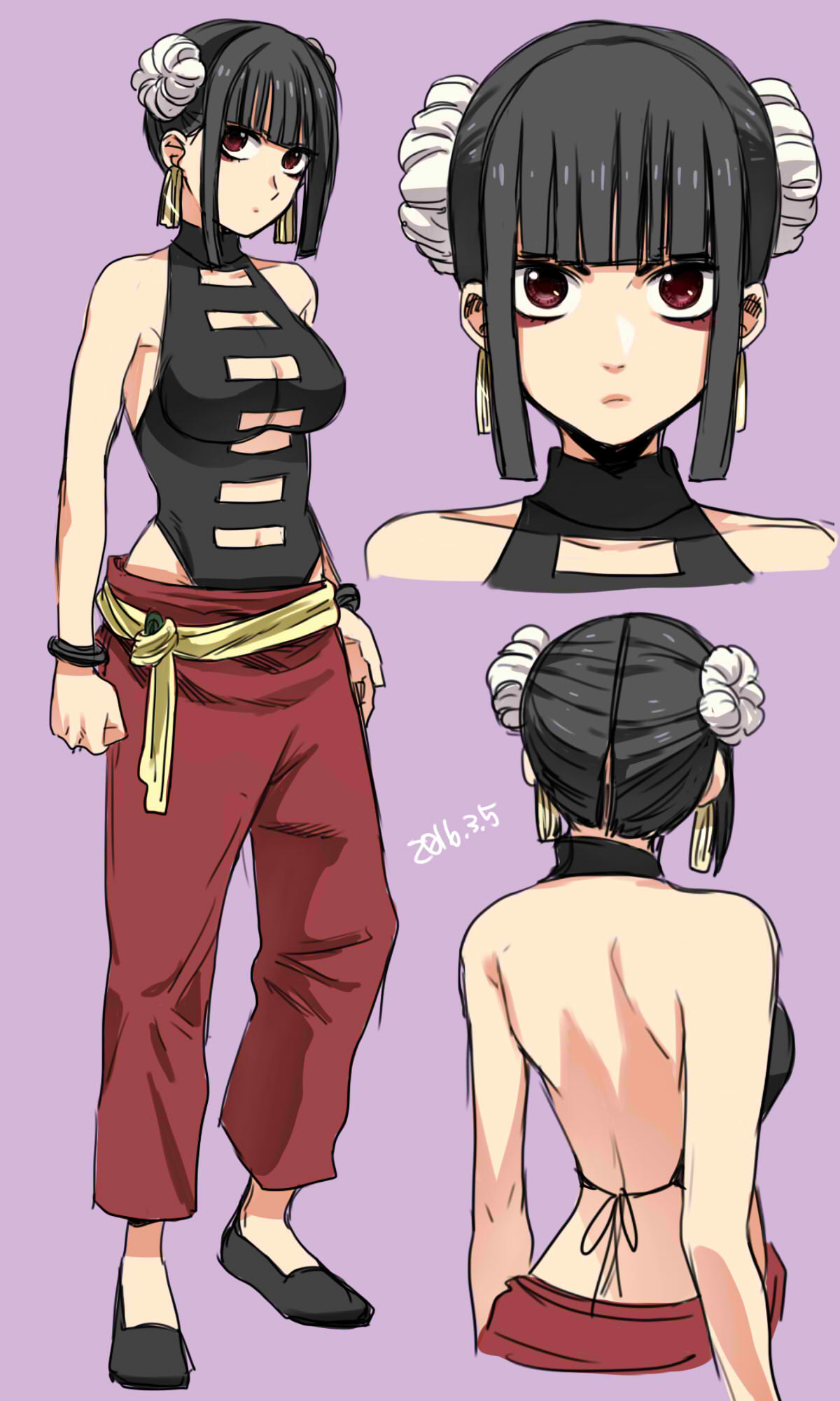 1girl, back, backless_outfit, bangs, bare_shoulders, black_hair, blunt_bangs, breasts, character_sheet, cleavage, double_bun, highres, koharu_(gomi_ik), large_breasts, looking_at_viewer, multiple_views, original, purple_background, simple_background, sleeveless, violet_eyes