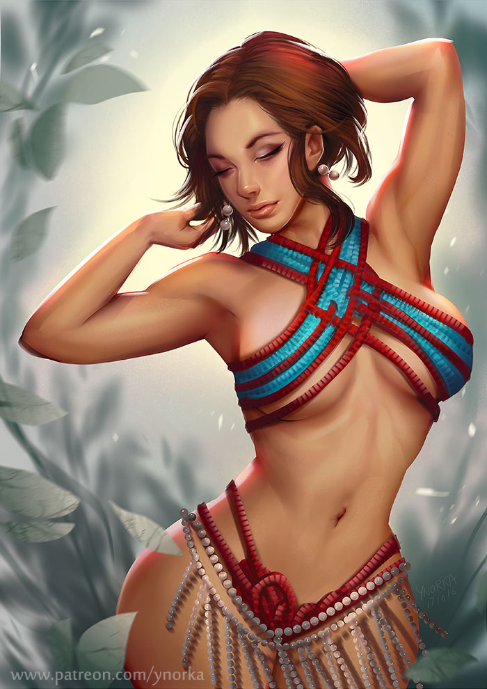1girl, armpits, arms_up, bare_arms, bare_shoulders, beads, breasts, brown_hair, closed_eyes, closed_mouth, cowboy_shot, dark_skin, earrings, eyeshadow, jewelry, large_breasts, makeup, navel, original, revealing_clothes, short_hair, sidelocks, solo, stomach, watermark, web_address, ynorka_chiu