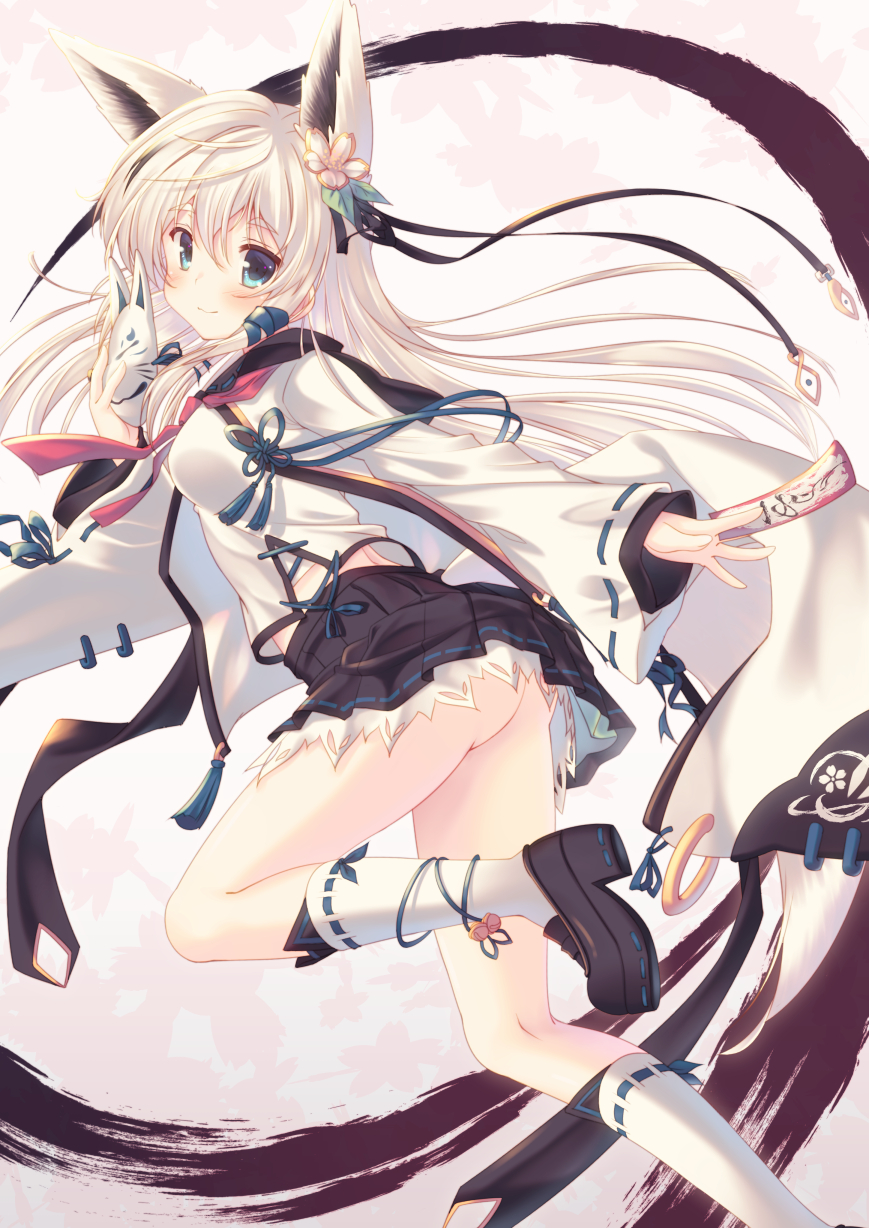 1girl, animal_ears, ass, bangs, between_fingers, black_ribbon, black_shoes, black_skirt