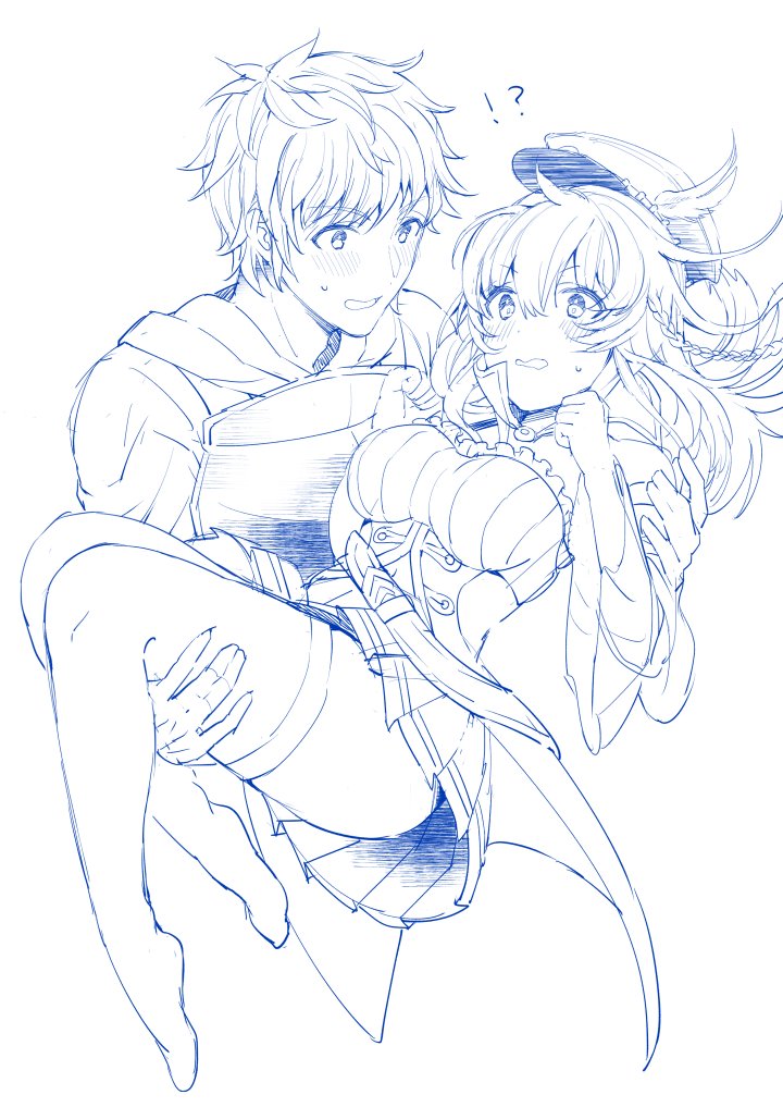 !?, 1boy, 1girl, beret, blush, breastplate, carrying, gran_(granblue_fantasy)