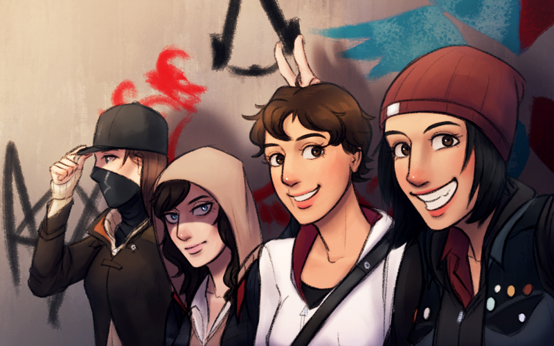 4girls, aiden_pearce, alex_mercer, assassin's_creed_(series), beanie, crossover, delsin_rowe, desmond_miles, genderswap, genderswap_(mtf), graffiti, hat, hood, hoodie, infamous, infamous_second_son, multiple_girls, prototype_(game), radianceria, smile, watch_dogs