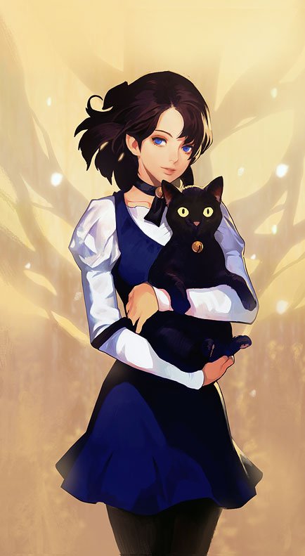 1girl, animal, asymmetrical_bangs, bangs, bell, bell_choker, black_cat, black_choker