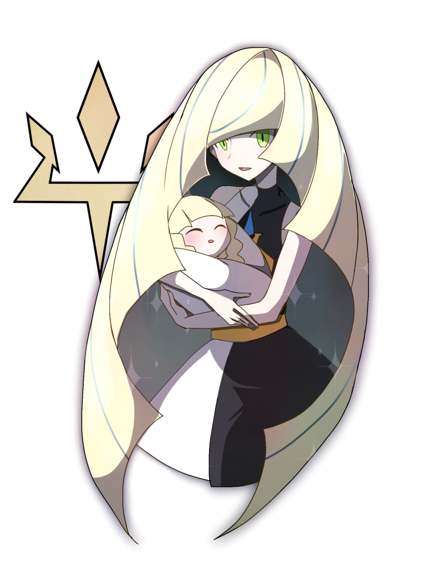 2girls, baby, blonde_hair, closed_eyes, dress, green_eyes, highres, holding