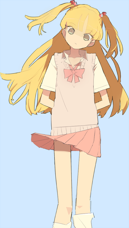 1girl, @_@, al_bhed_eyes, arms_behind_back, bangs, blonde_hair, blue_background, hageshii_nakano