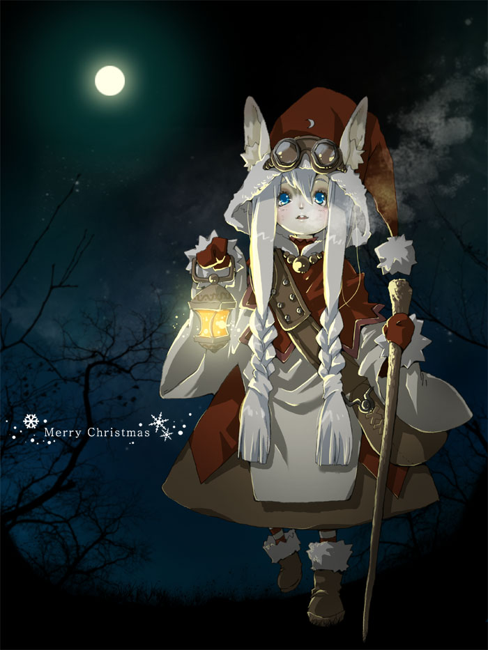 bag, blue_eyes, bunny_ears, christmas, goggles, hat, lamp, original