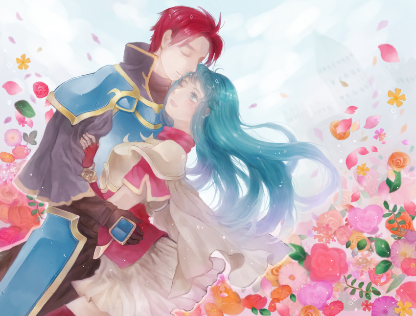 1boy, 1girl, aqua_hair, armor, blue_armor, blue_eyes, blush, boots