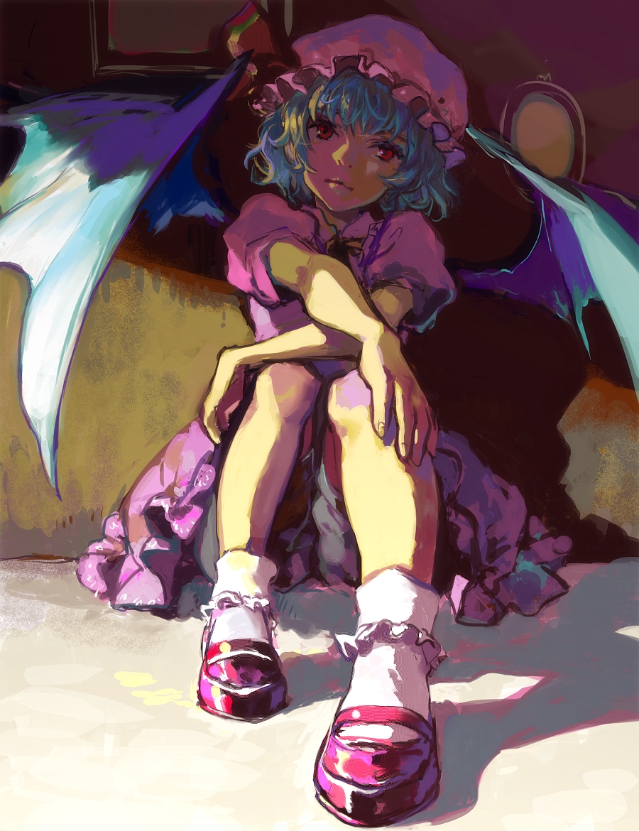 bad_id, bat_wings, bloomers, blue_hair, bobby_socks, foreshortening, hat, head_tilt