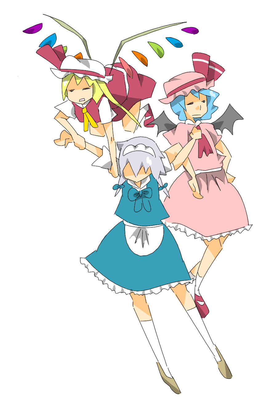 bat_wings, blonde_hair, blue_hair, flandre_scarlet, hairband, hat, highres, izayoi_sakuya