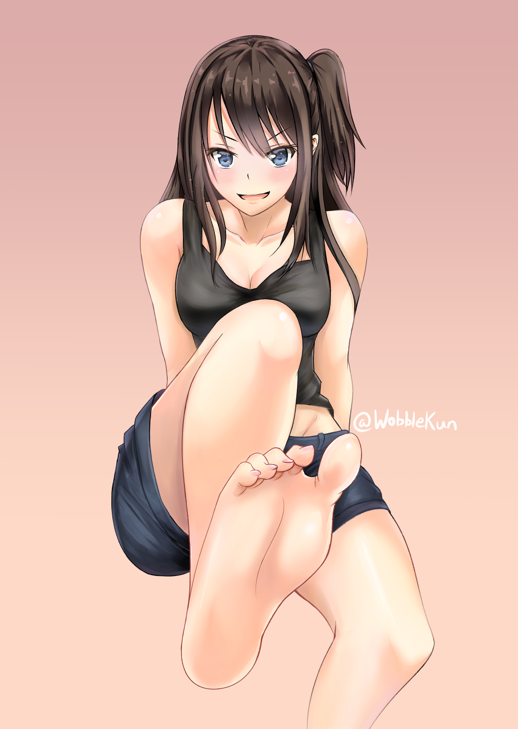 1girl, barefoot, blue_eyes, blush, breasts, brown_hair, cleavage, feet