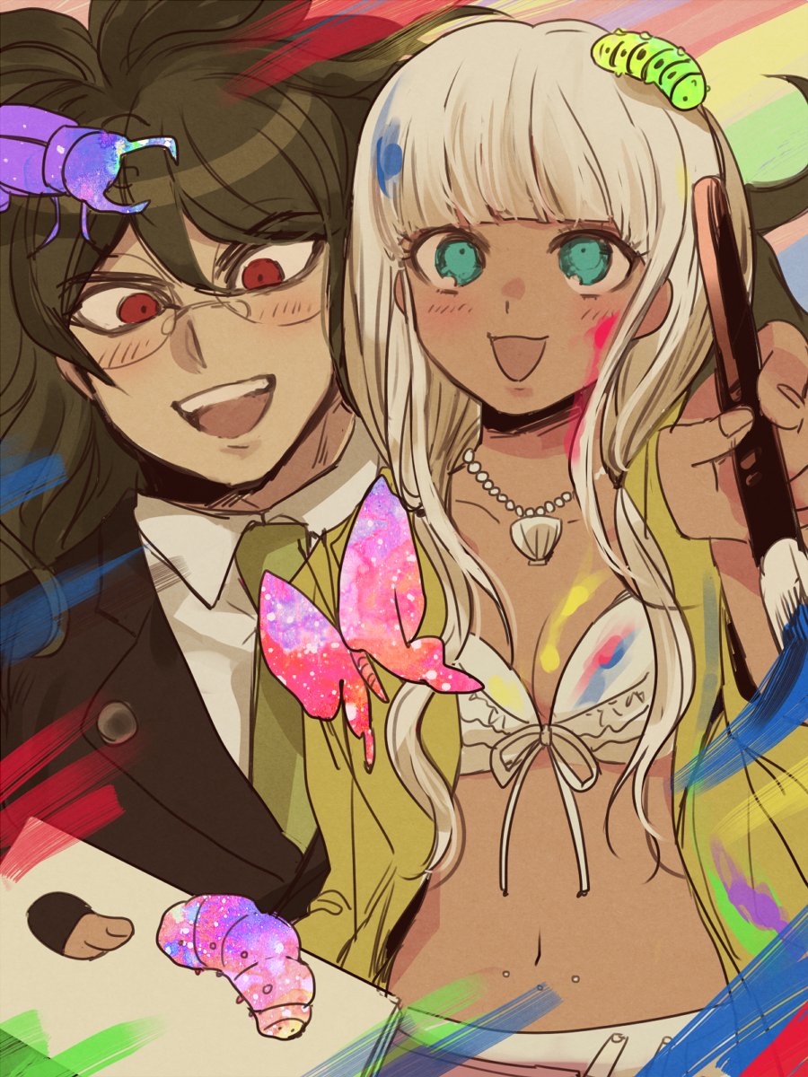 1boy, 1girl, bangs, beetle, bikini_top, blazer, blunt_bangs, brown_hair, butterfly, caterpillar, dangan_ronpa, dark_skin, dark_skinned_male, ganguro, glasses, gokuhara_gonta, green_eyes, grubs, highres, insect, jacket, jewelry, long_hair, low_twintails, machi_(mctri), multicolored, multicolored_background, necklace, new_dangan_ronpa_v3, paint, paint_on_clothes, paintbrush, painting, palette, red_eyes, round_glasses, school_uniform, shell_necklace, silver_hair, simple_background, smile, twintails, wide_sleeves, yellow_jacket, yonaga_angie