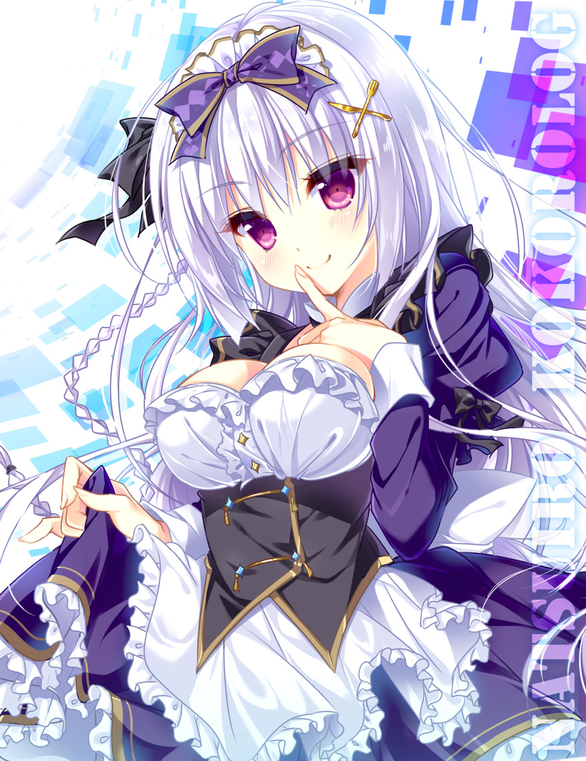 1girl, black_ribbon, breasts, cleavage, finger_to_mouth, hair_ribbon, highres, index_finger_raised