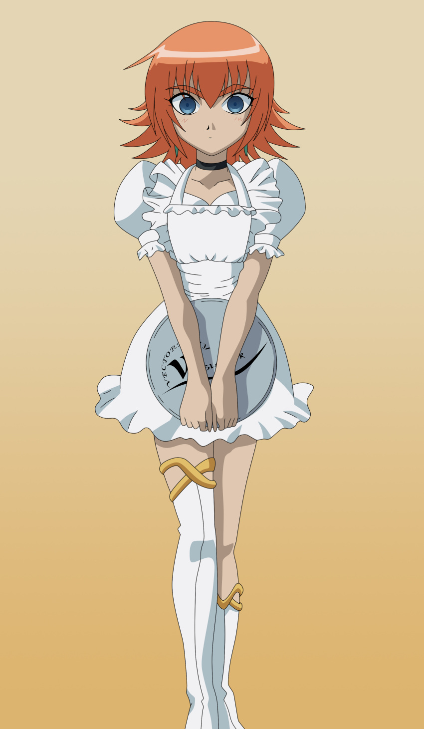 1girl, absurdres, apron, asymmetrical_clothes, bakugan, bakugan_new_vestroia, blue_eyes, blush, boots, choker, earrings, flat_chest, highres, jewelry, knee_boots, mira_fermen, mismatched_footwear, orange_hair, short_hair, simple_background, single_thighhigh, solo, standing, thigh-highs, thigh_boots, tray, vector_trace, waitress, white_legwear, wslasher