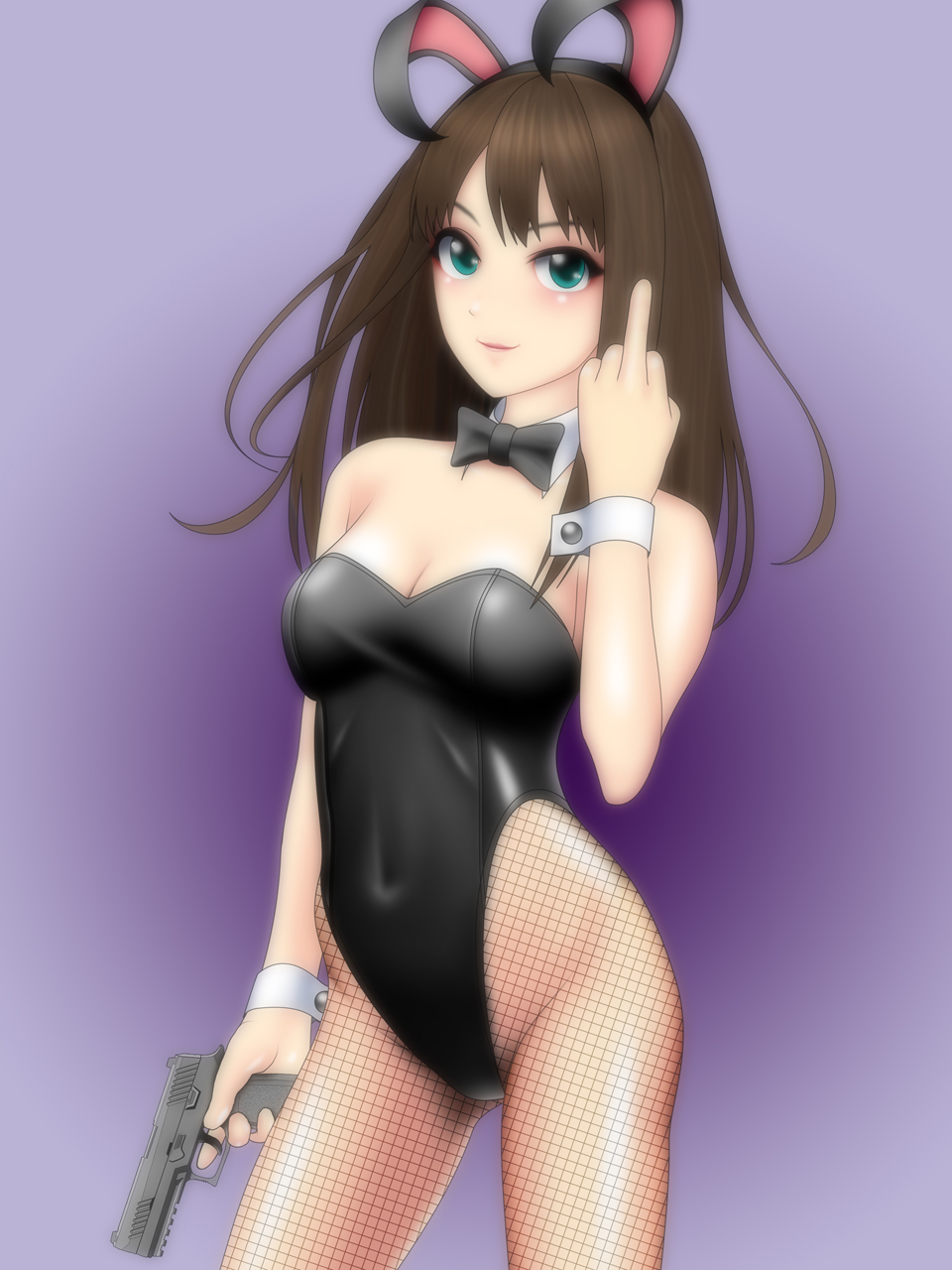 1girl, animal_ears, aqua_eyes, bow, bowtie, breasts, brown_hair, bunnysuit