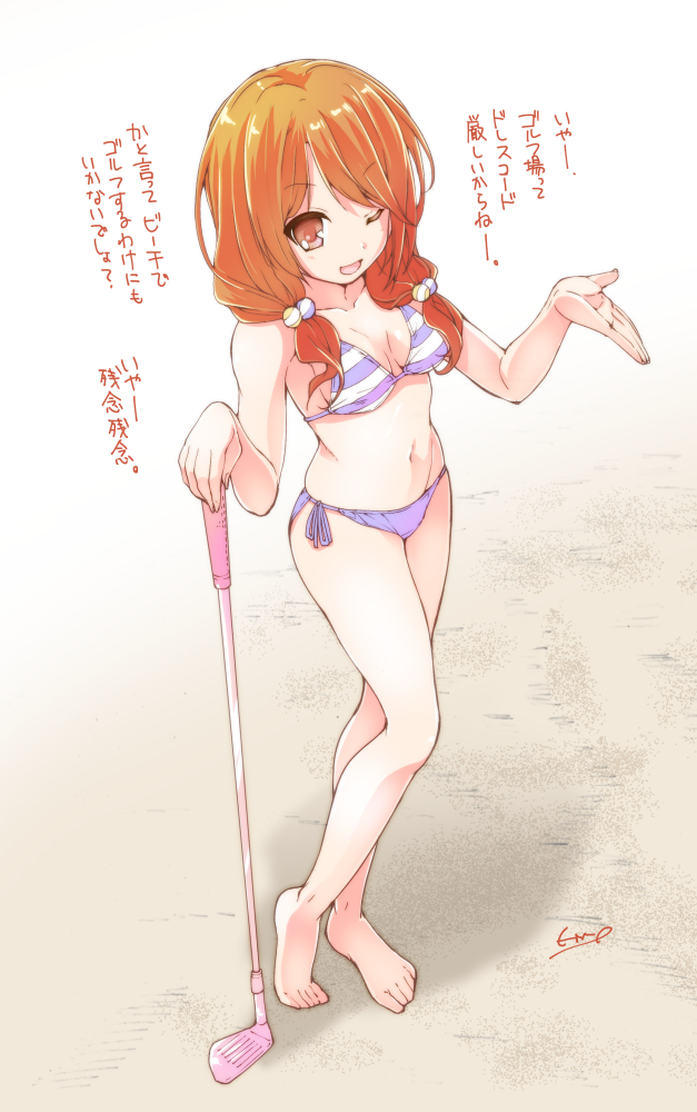 1girl, barefoot, bikini, girlfriend_(kari), golf_club, hair_bobbles, hair_ornament, long_hair, looking_at_viewer, low_twintails, nishizaki_eimu, one_eye_closed, orange_hair, pink_bikini, red_eyes, side-tie_bikini, signature, solo, standing, swimsuit, tamai_remi, translation_request, twintails