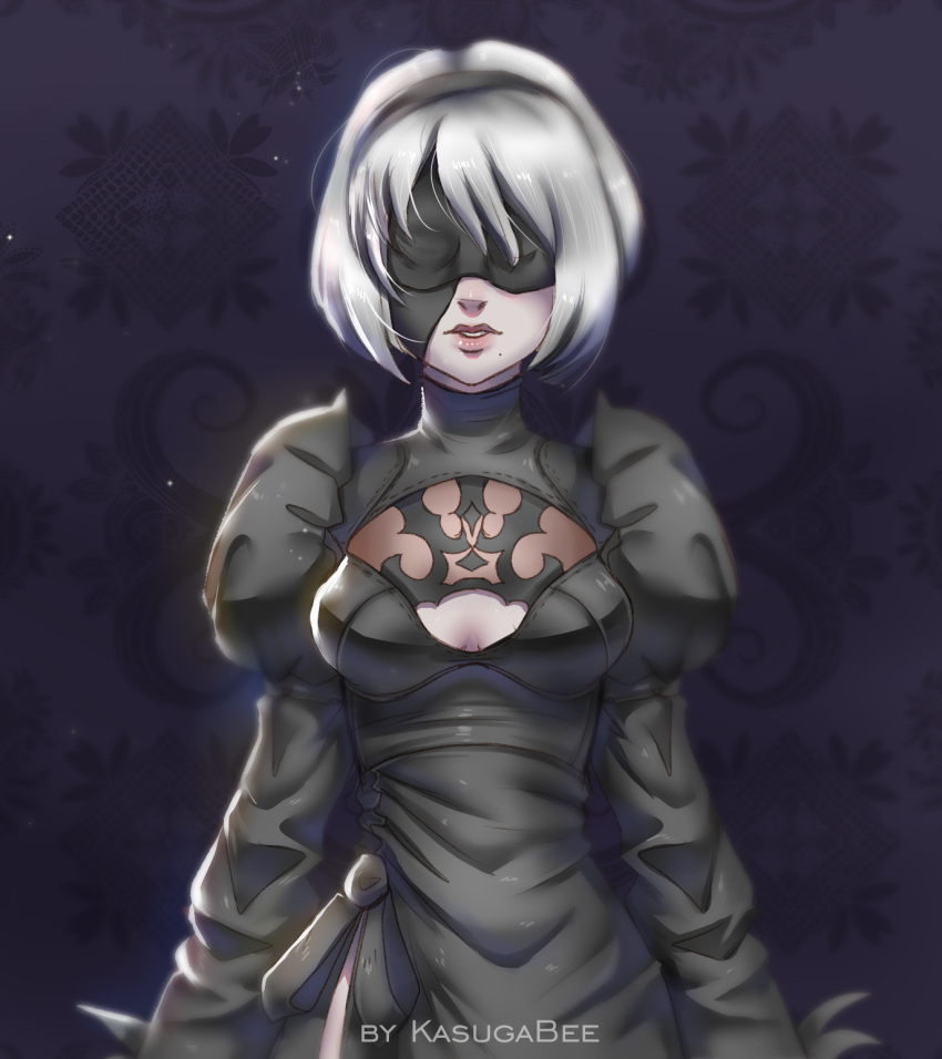 1girl, arms_at_sides, artist_name, black_dress, black_hairband, black_ribbon, blindfold, breasts, cleavage, cleavage_cutout, covered_eyes, dress, hairband, highres, juliet_sleeves, kasugabee, lips, long_sleeves, medium_breasts, mole, mole_under_mouth, nier_(series), nier_automata, nose, parted_lips, pink_lips, puffy_sleeves, ribbon, short_hair, side_slit, silver_hair, solo, upper_body, yorha_no._2_type_b