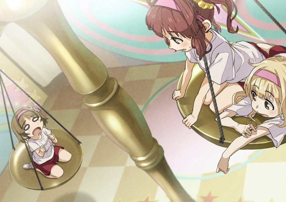 3girls, balance_scale, bandanna, blonde_hair, blush, brown_eyes, brown_hair, candy_island