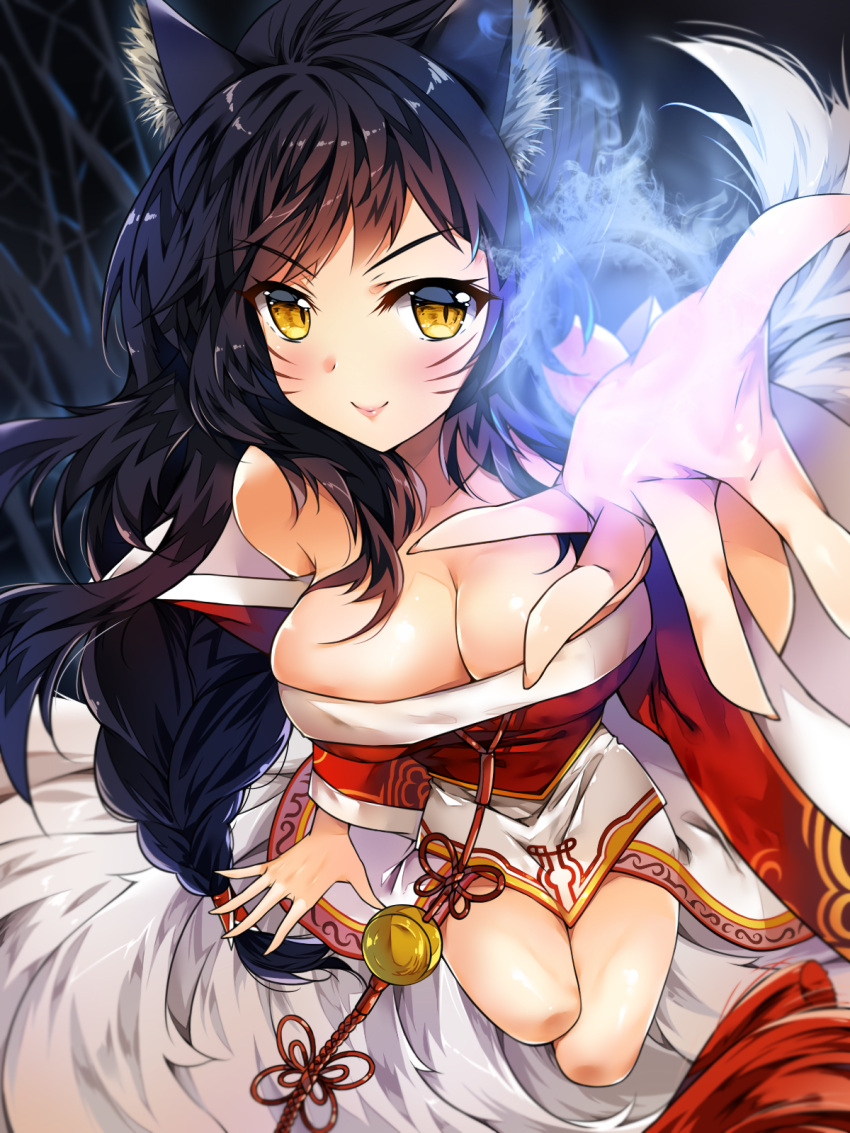 1girl, ahri, animal_ears, bare_shoulders, black_hair, blush, breasts, cleavage