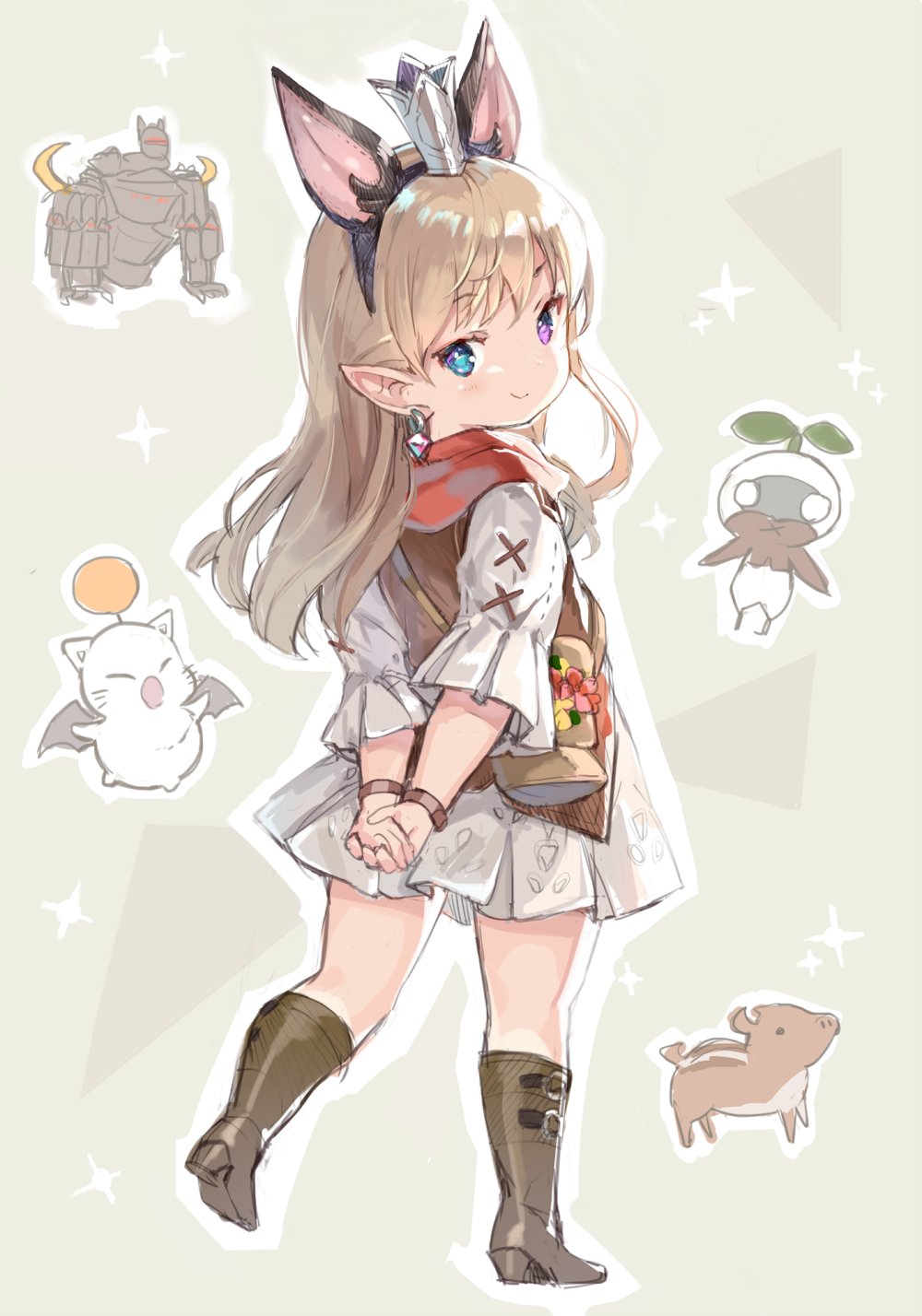 1girl, alexander_(final_fantasy), animal_ears, arms_behind_back, bag, boots, brown_hair, crown