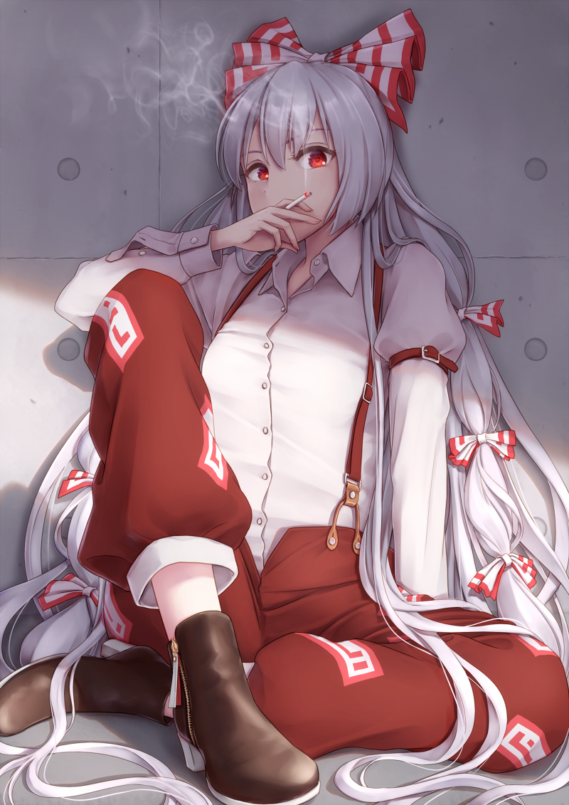 1girl, ankle_boots, arm_belt, bangs, between_fingers, boots, bow, breasts